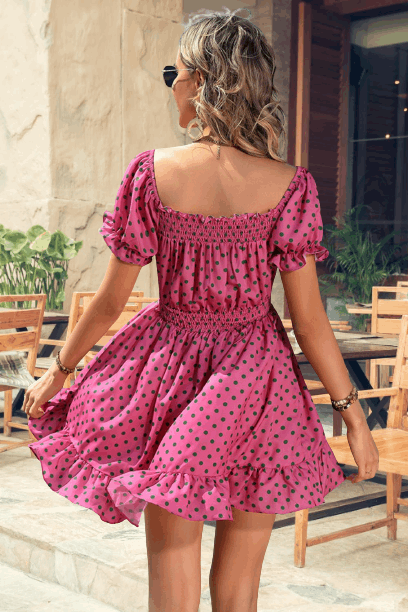 Polka Dot Square Neck Smocked Waist Dress