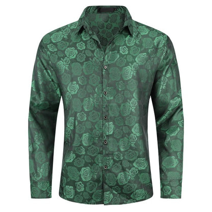 Men's Rose Jacquard Long Sleeve Shirt | Slim Fit Floral Button-Down Dress Shirt Green