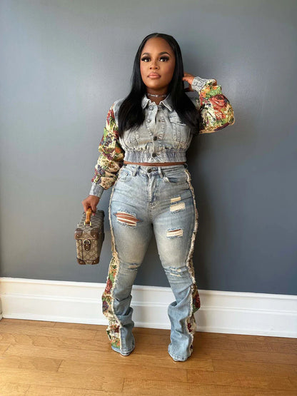 Women's Printed Splicing Long Sleeve Denim Jacket and Jean Pants Set