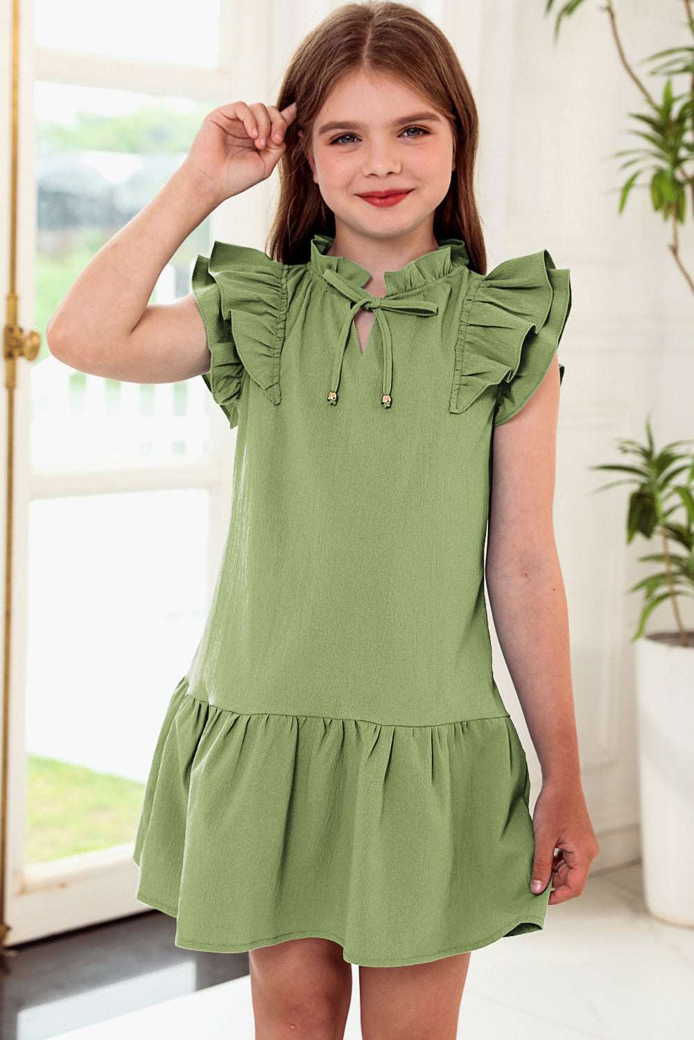 Girls Tie Neck Flutter Sleeve Dress