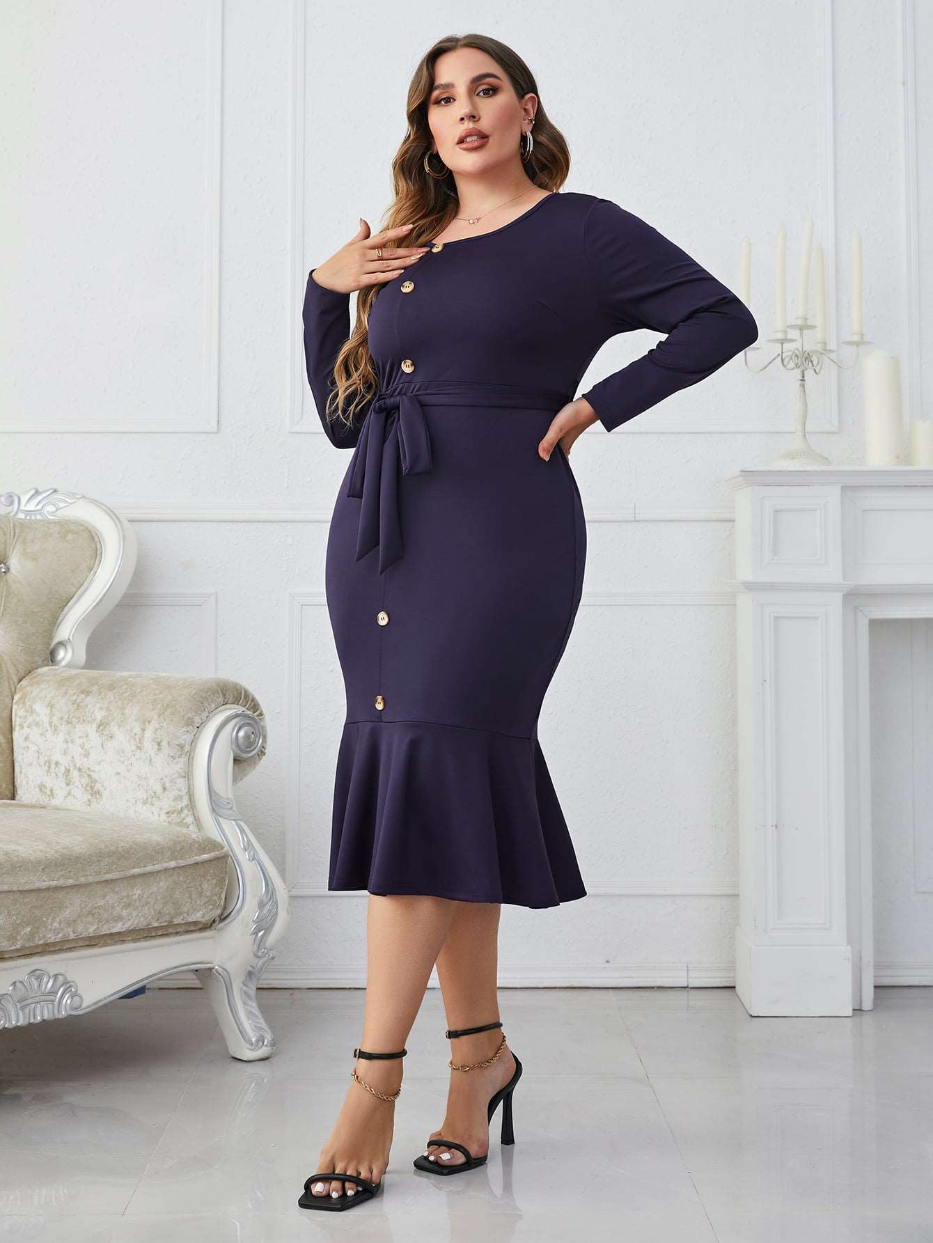 Melo Apparel Plus Size Long sleeves Buttoned Round Neck Tie Belt Midi Dress