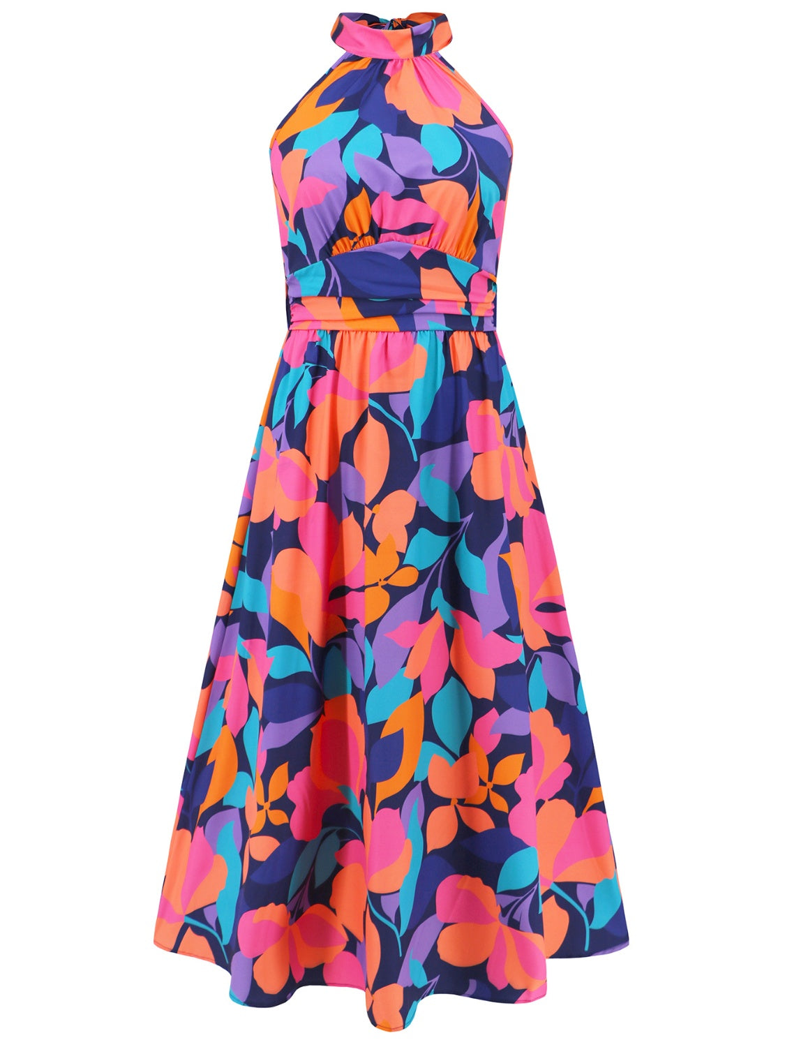 Ruched Printed Halter Neck Sleeveless Midi Dress