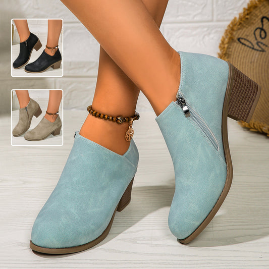 Chunky Heel Round Toe Low Heel Ankle Boots With Side Zipper Design