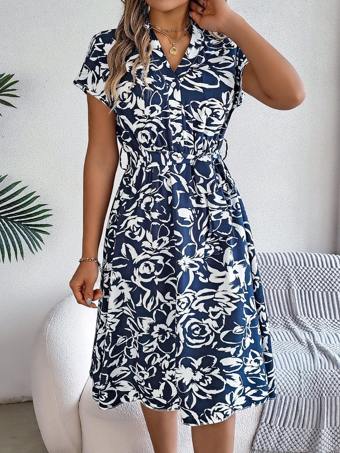 Printed V-Neck Short Sleeve Mini Dress