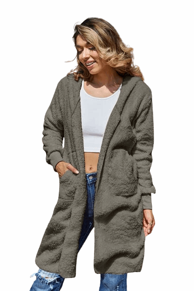 Double Take Women's Plus Size Hooded Teddy Bear Jacket with Thumbholes - Charcoal