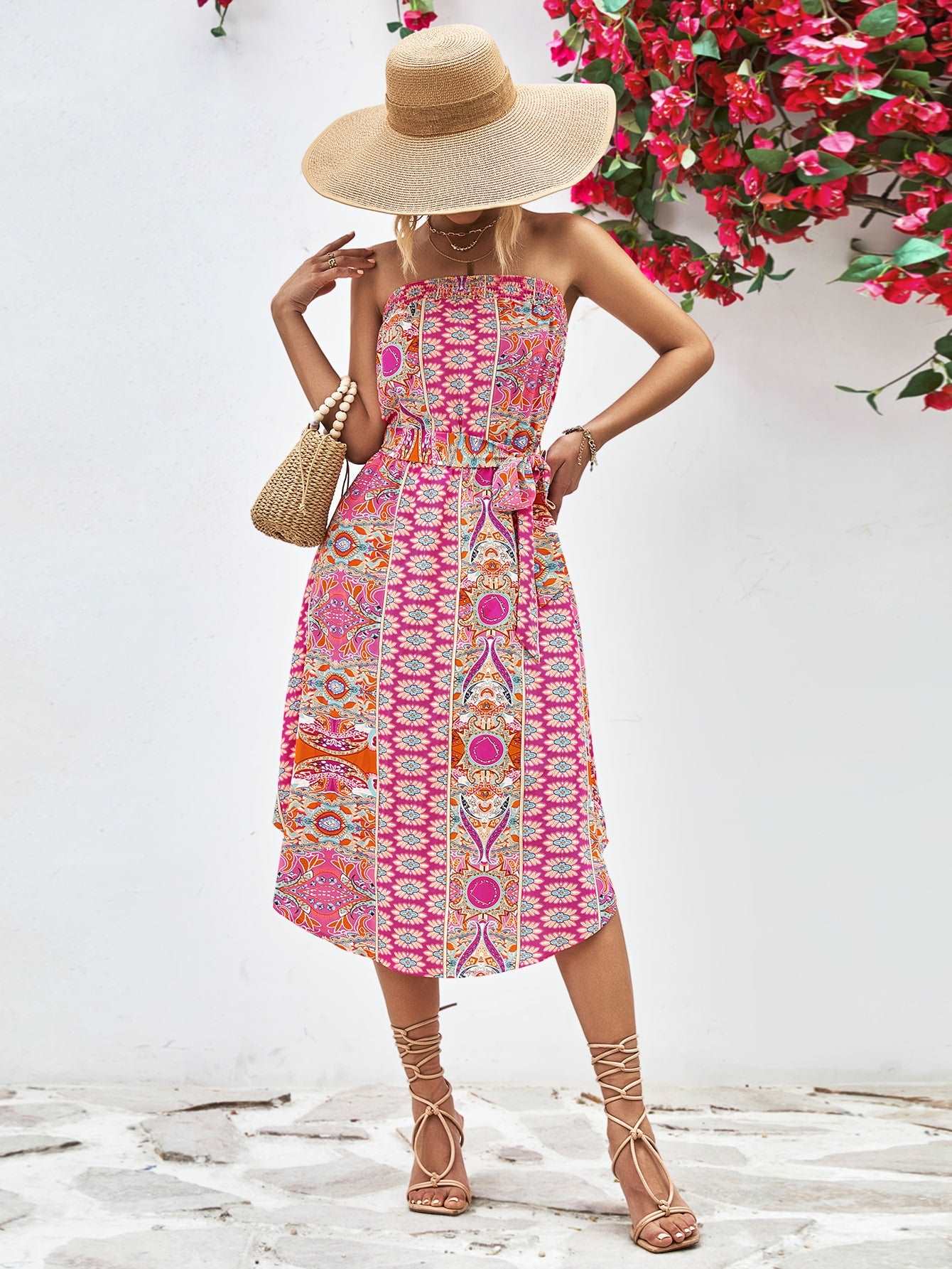 Printed Strapless Tie Belt Dress - Pink