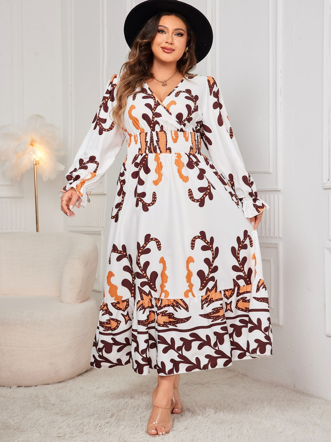 Honey Plus Size Printed Surplice Flounce Sleeve Maxi Dress