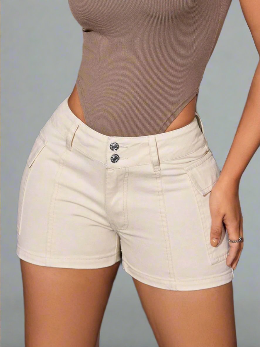 Mid-Rise Waist Denim Shorts with Pockets