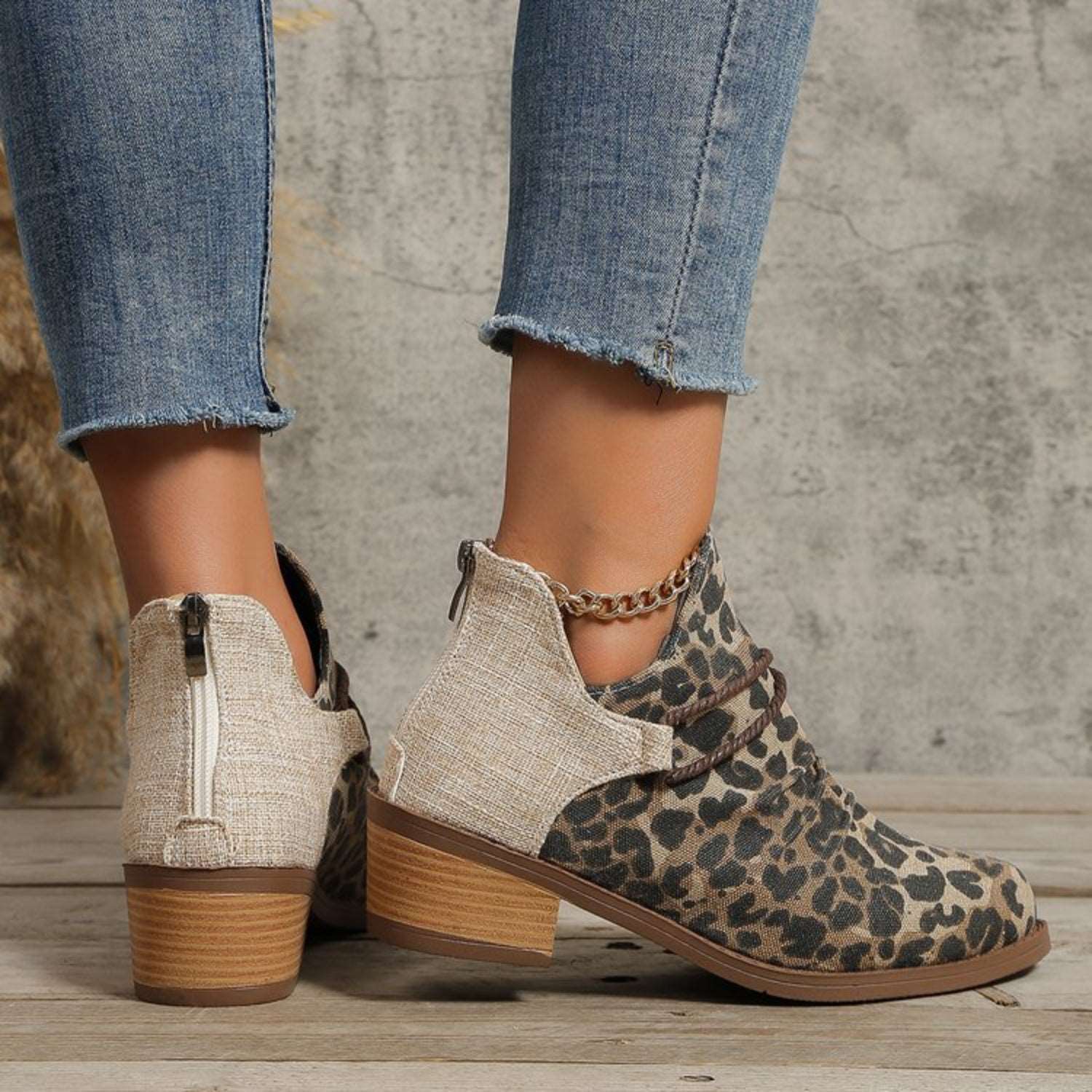 Contrast Canvas Low Heel Ankle Boots