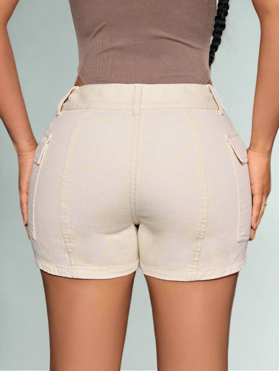 Mid-Rise Waist Denim Shorts with Pockets