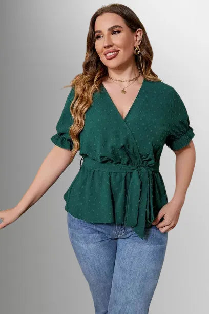 Plus Size Surplice Neck Tie Waist Blouse