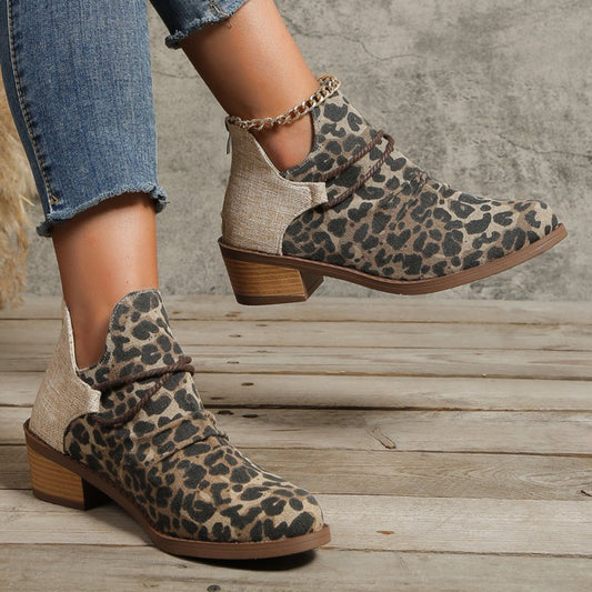 Contrast Canvas Low Heel Ankle Boots
