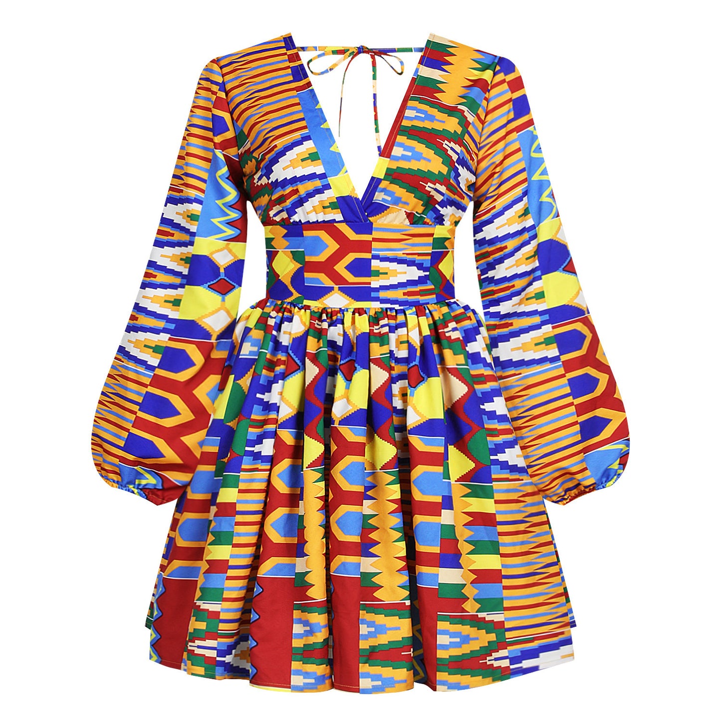 African Style Long-sleeved Halter V-neck Mini Dress