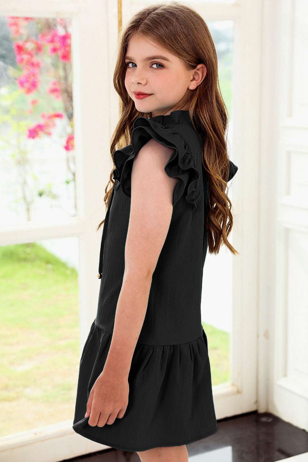 Girls Tie Neck Flutter Sleeve Dress