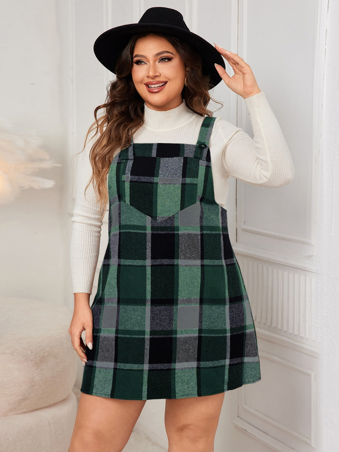 Honey Plus Size Plaid Wide Strap Overall Mini Dress