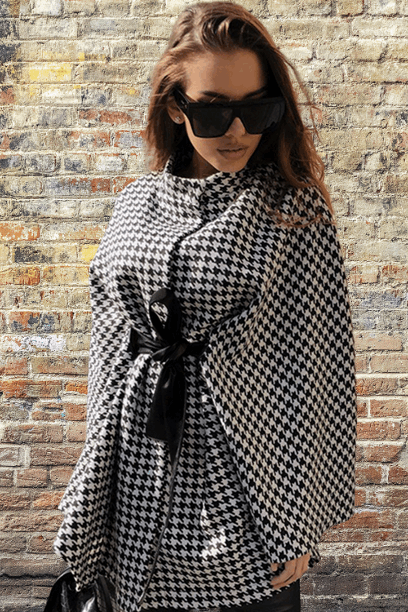 Houndstooth Tie Waist Trench Coat