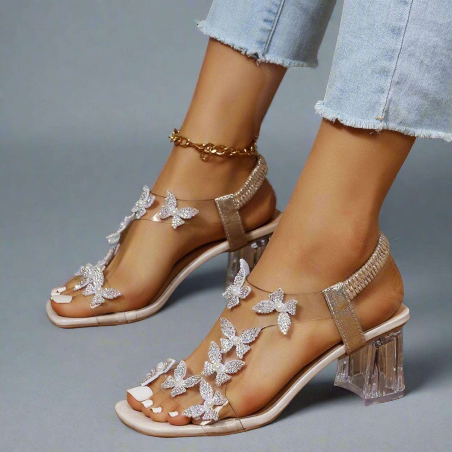 Butterfly Detail Open Toe Mid Heel Sandals