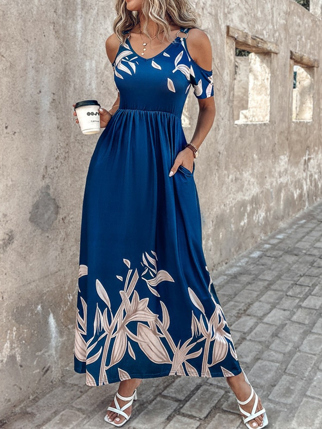 Women's Printed Cold Shoulder Short Sleeve Maxi Dress