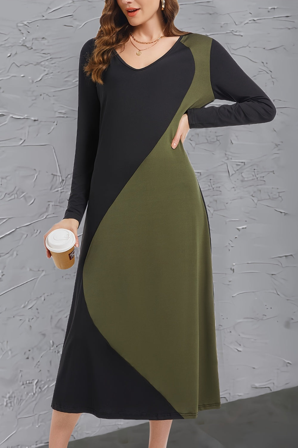 Women's Contrast Long Sleeve Midi Dress