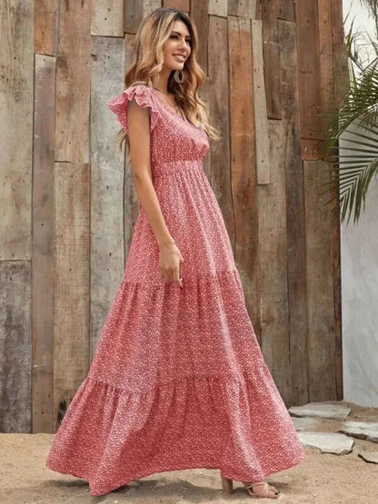 The Printed V-Neck Ruffle Sleeve Maxi Dress – 4 Colors, Sizes S–2XL