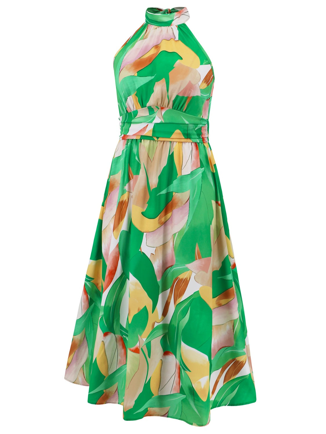 Ruched Printed Halter Neck Sleeveless Midi Dress