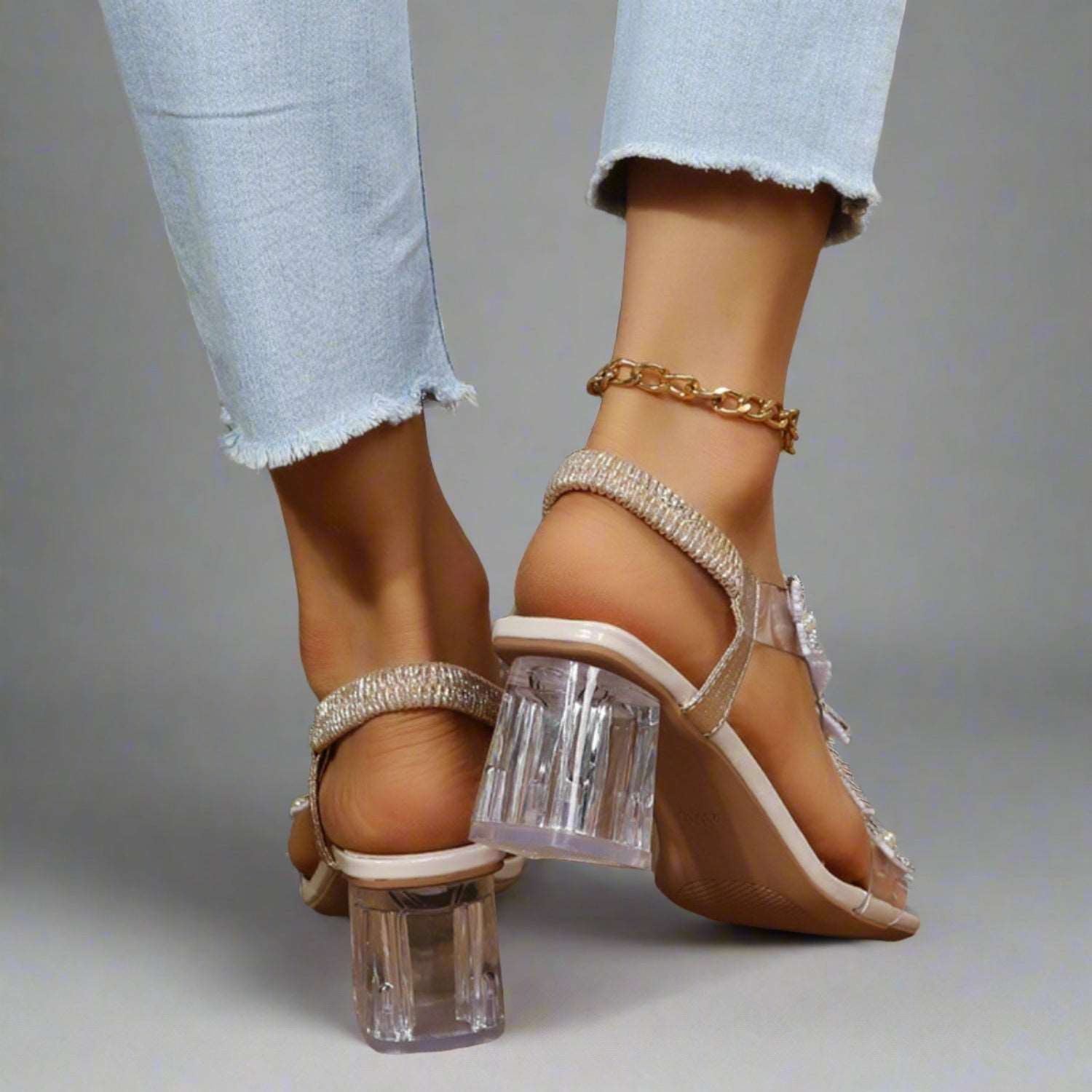 Butterfly Detail Open Toe Mid Heel Sandals