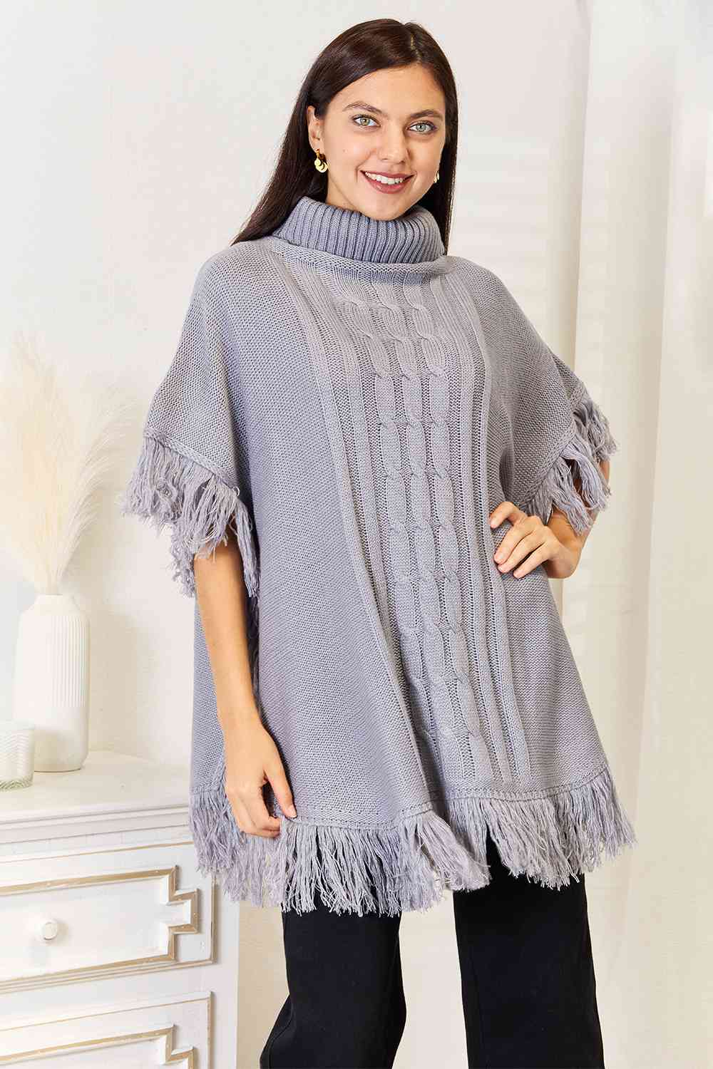 Justin Taylor Poncho con flecos y cuello de tortuga para mujer