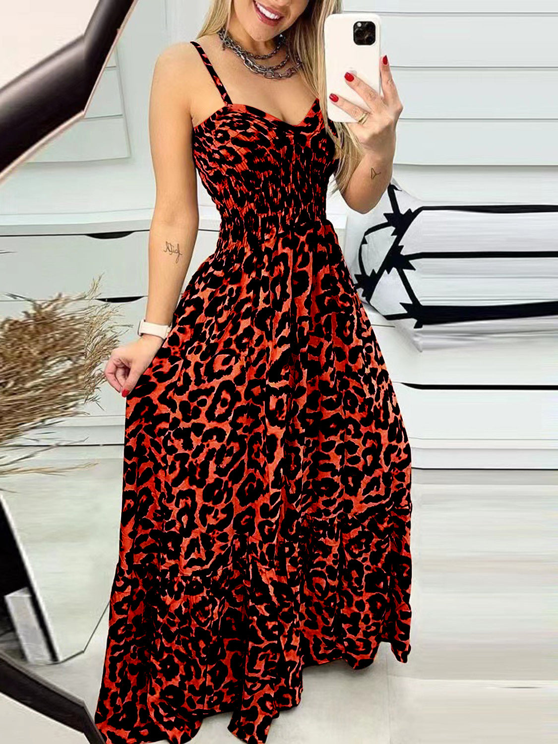 Women's Leopard Sweetheart Neck Cami Maxi Dress