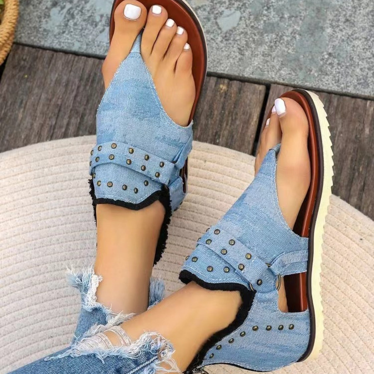 Women's Studded Raw Hem Flat Sandals