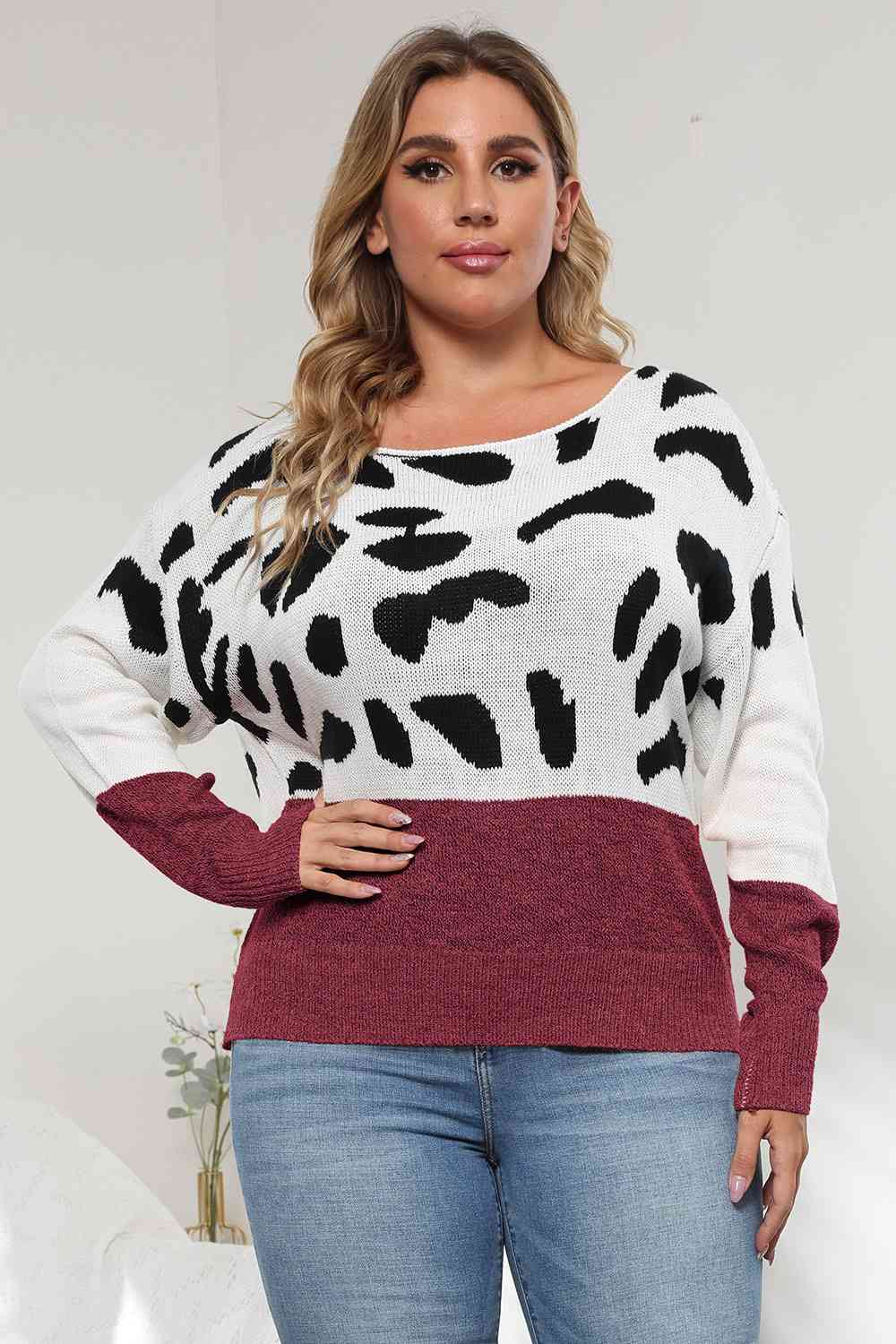 Top tipo suéter de manga larga con estampado de leopardo y cuello redondo de talla grande - 3 colores