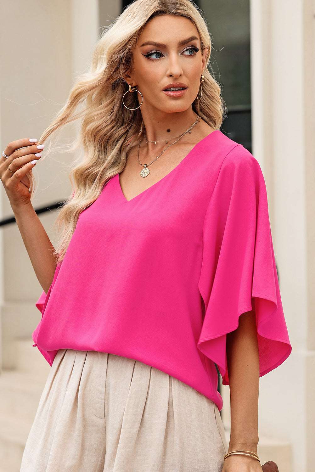 V-Neck Cloak Sleeve Blouse