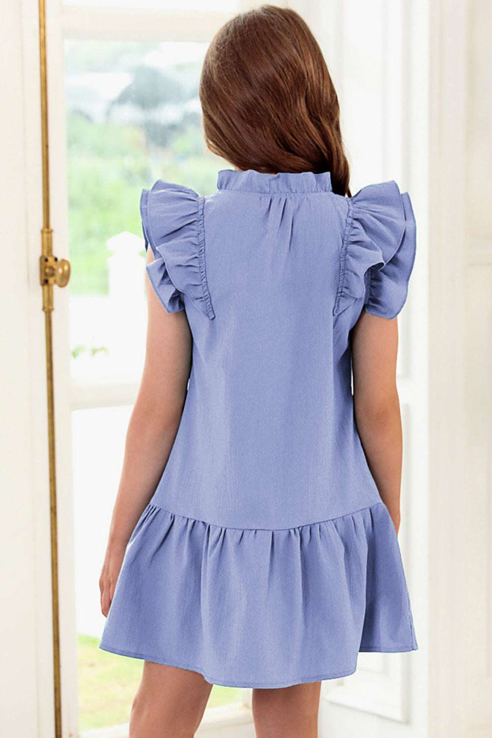 Girls Tie Neck Flutter Sleeve Dress