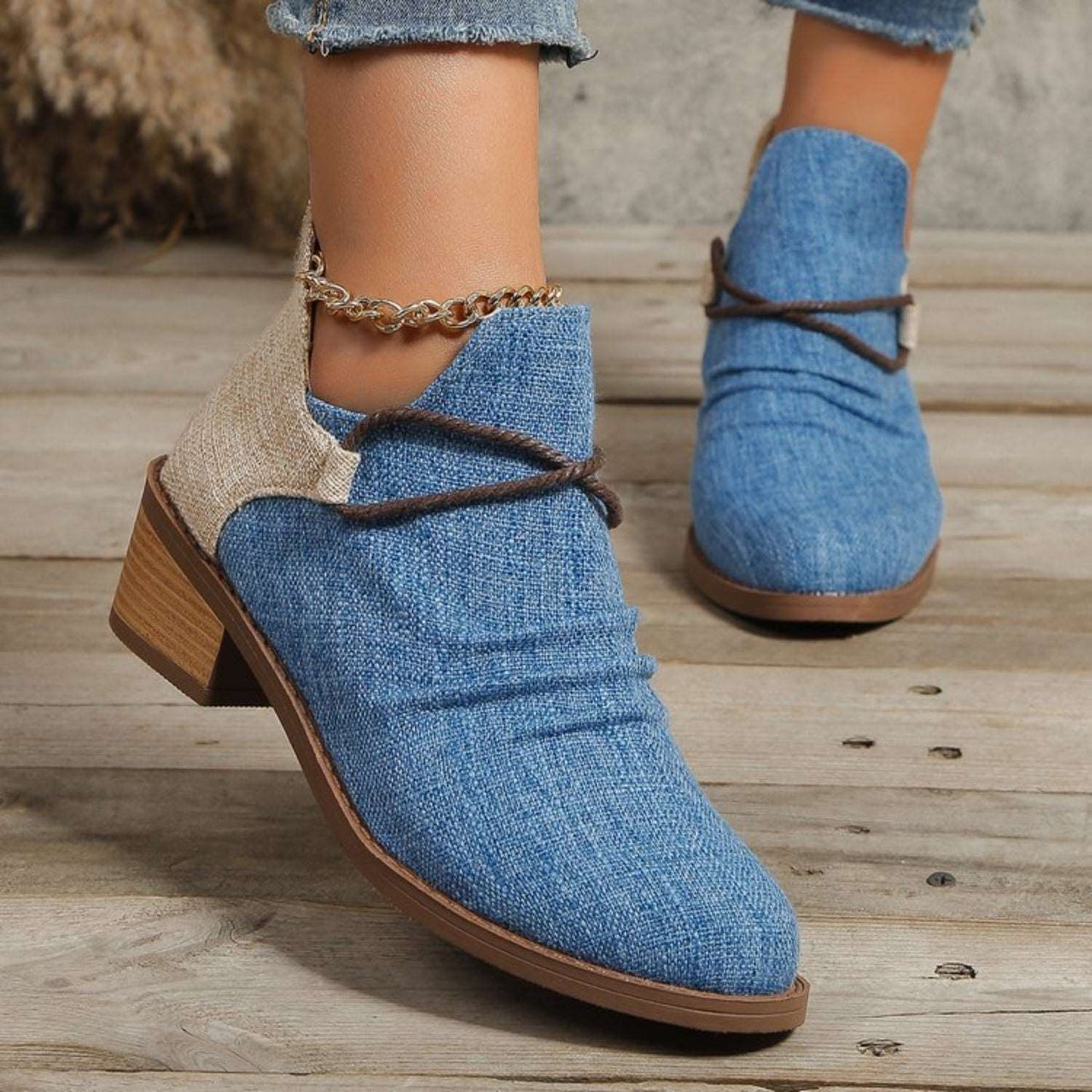 Contrast Canvas Low Heel Ankle Boots