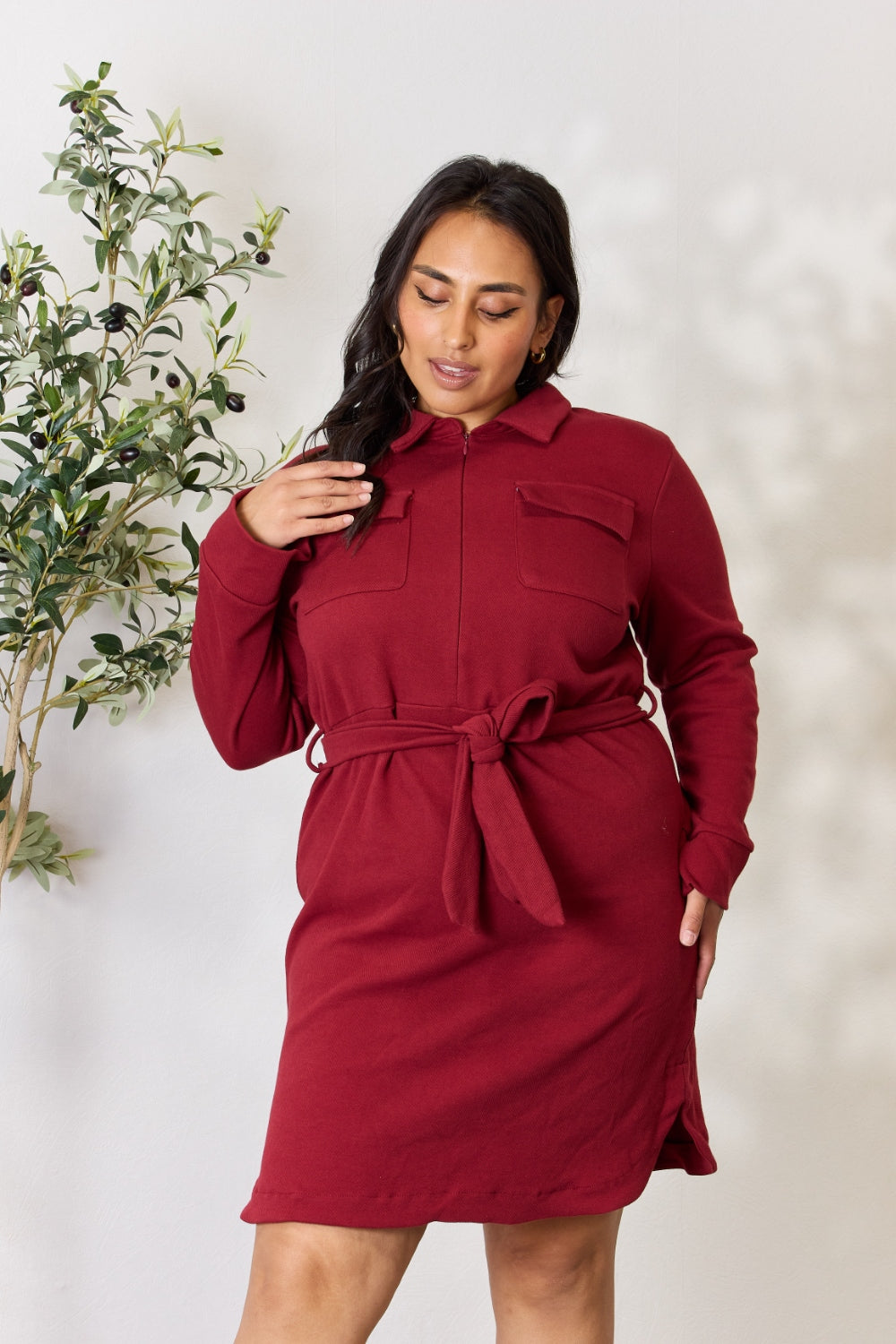 Culture Code Plus Size Tie Front Half Zip Long Sleeve Mini Shirt Dress