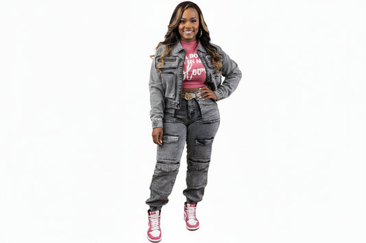 Women’s Spliced Denim Cargo Set – Zipper Jacket & Slim Pants Dark Gray XL