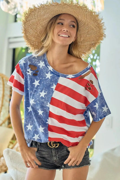 Distressed American Flag Cotton T-Shirt Navy Red