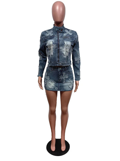 Women's Embroidered Denim Cargo Outfit - Full Sleeve Jacket & Pants