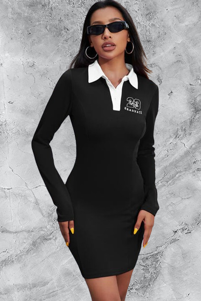 Women's Graphic Collared Long Sleeve Mini Dress - Black