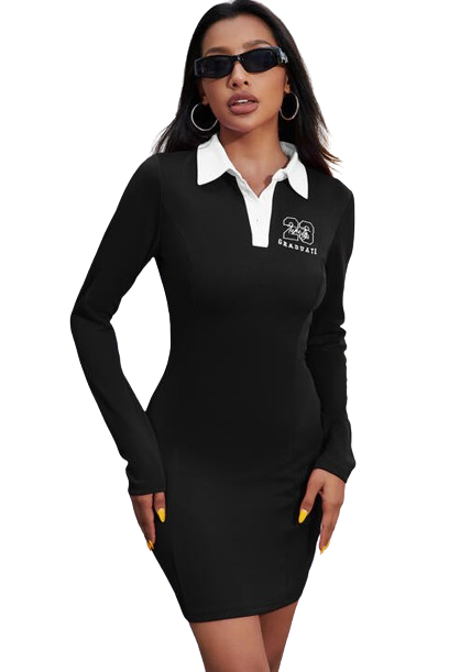 Women's Graphic Collared Long Sleeve Mini Dress - Black