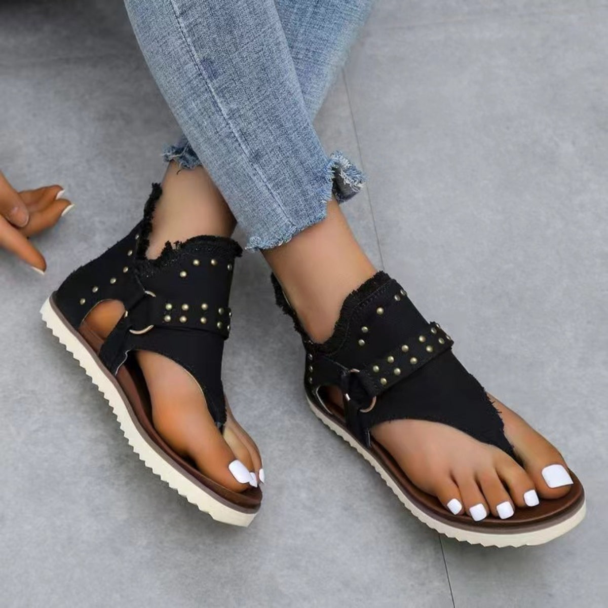 Women's Studded Raw Hem Flat Sandals