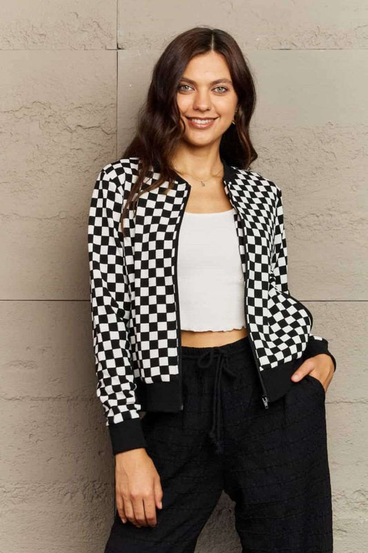 Ninexis - Women's  Plaid Round Neck Long Sleeve Jacket