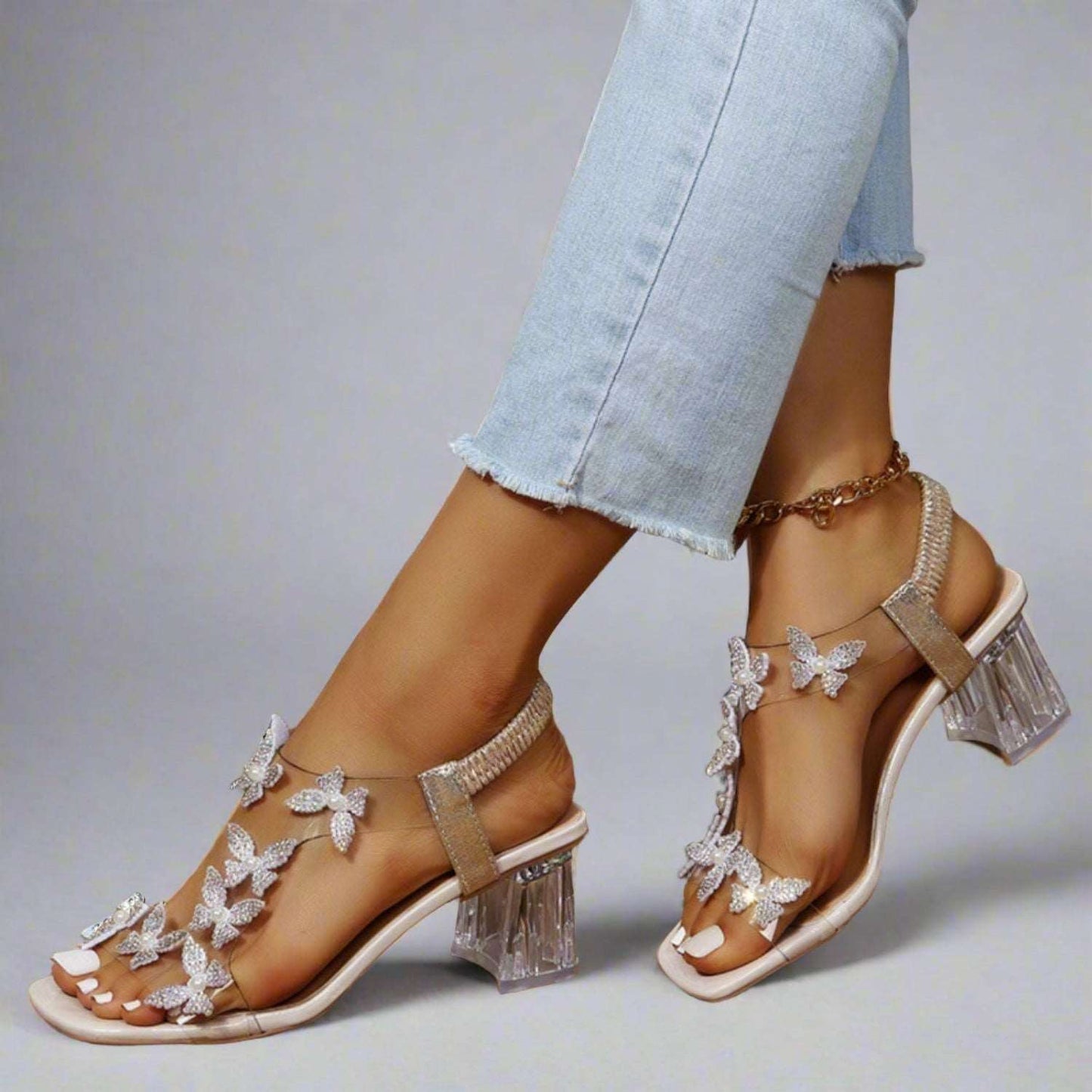 Butterfly Detail Open Toe Mid Heel Sandals