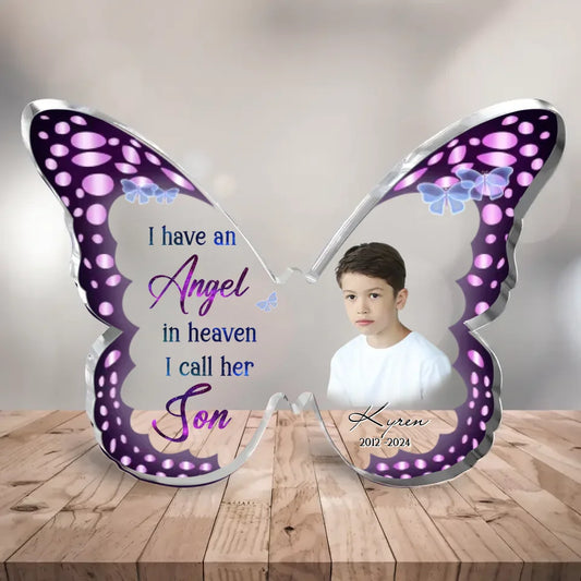 Personalized Memorial Butterfly Acrylic Plaque - Memorial Gift Idea - Upload Photo - I Have An Angel In Heaven I Call Him Son by CusGifts