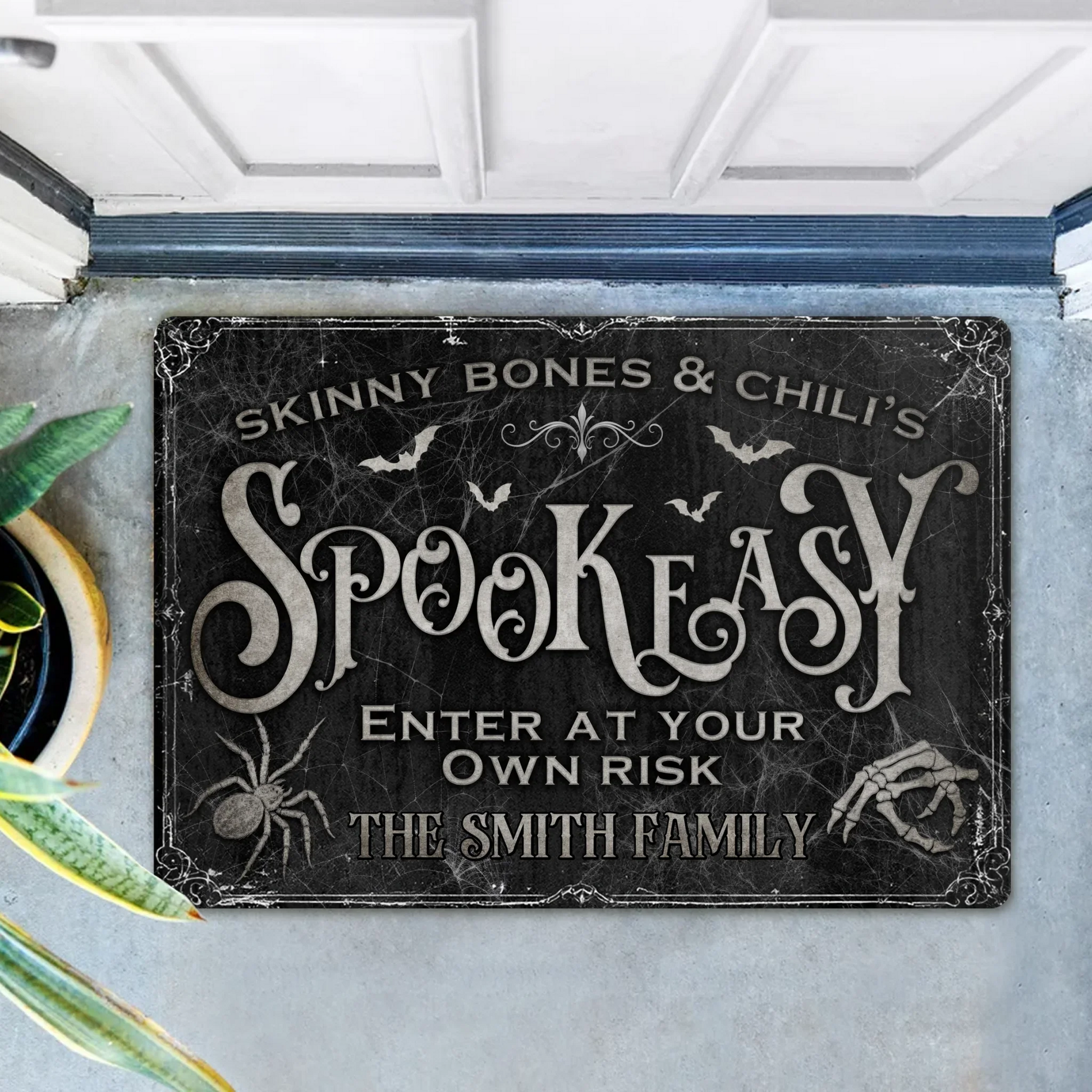 Personalized Spooky Doormat - Halloween Gift Idea For Family - Skinny Bones & Chili's Spookeasy by CusGifts