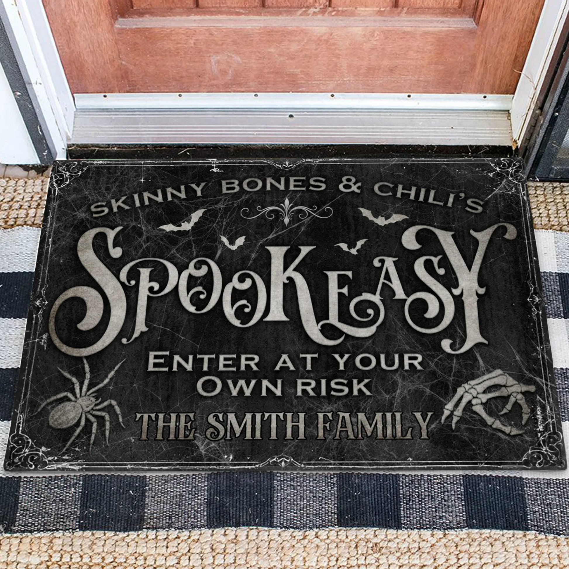 Personalized Spooky Doormat - Halloween Gift Idea For Family - Skinny Bones & Chili's Spookeasy by CusGifts