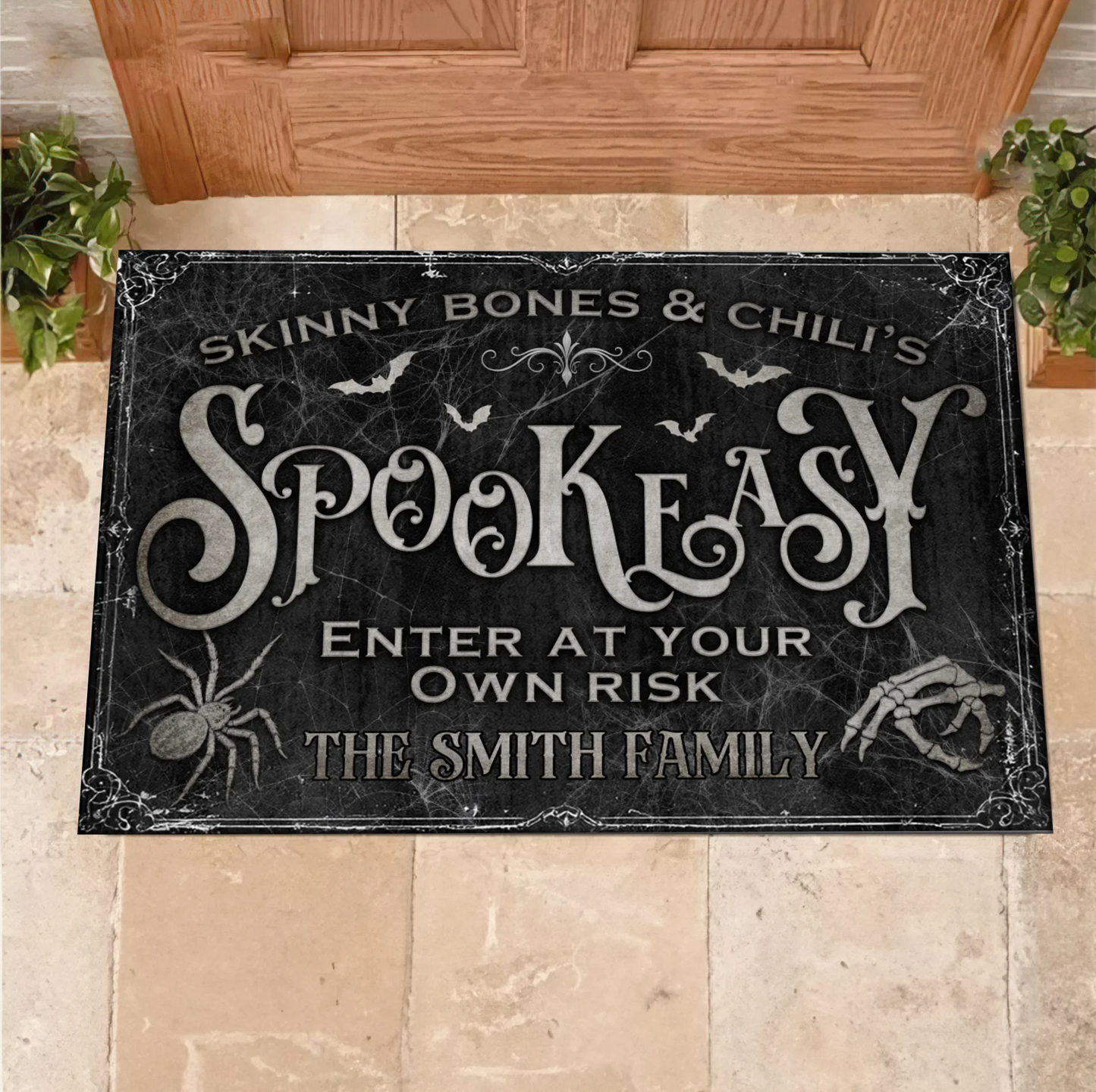 Personalized Spooky Doormat - Halloween Gift Idea For Family - Skinny Bones & Chili's Spookeasy by CusGifts