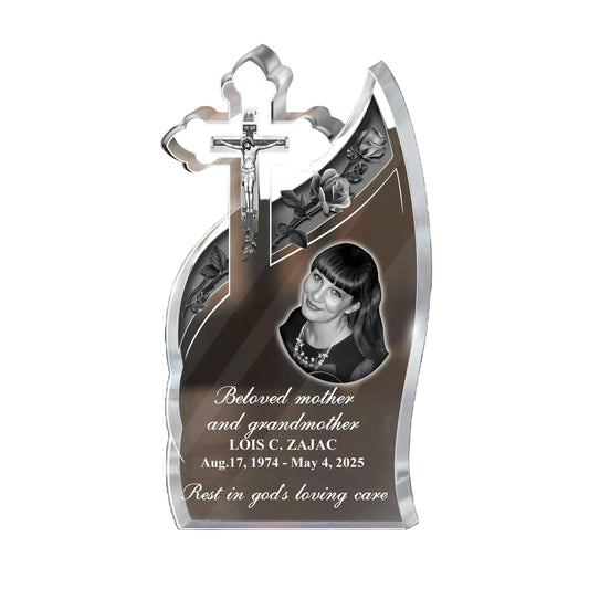 Personalized God's Loving Care Memorial Cross Tribute Acrylic Plaque - Memorial Gift Idea For Family Members - Upload Photo by CusGifts