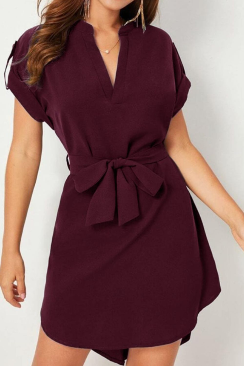 Tied Notched Short Sleeve Mini Dress