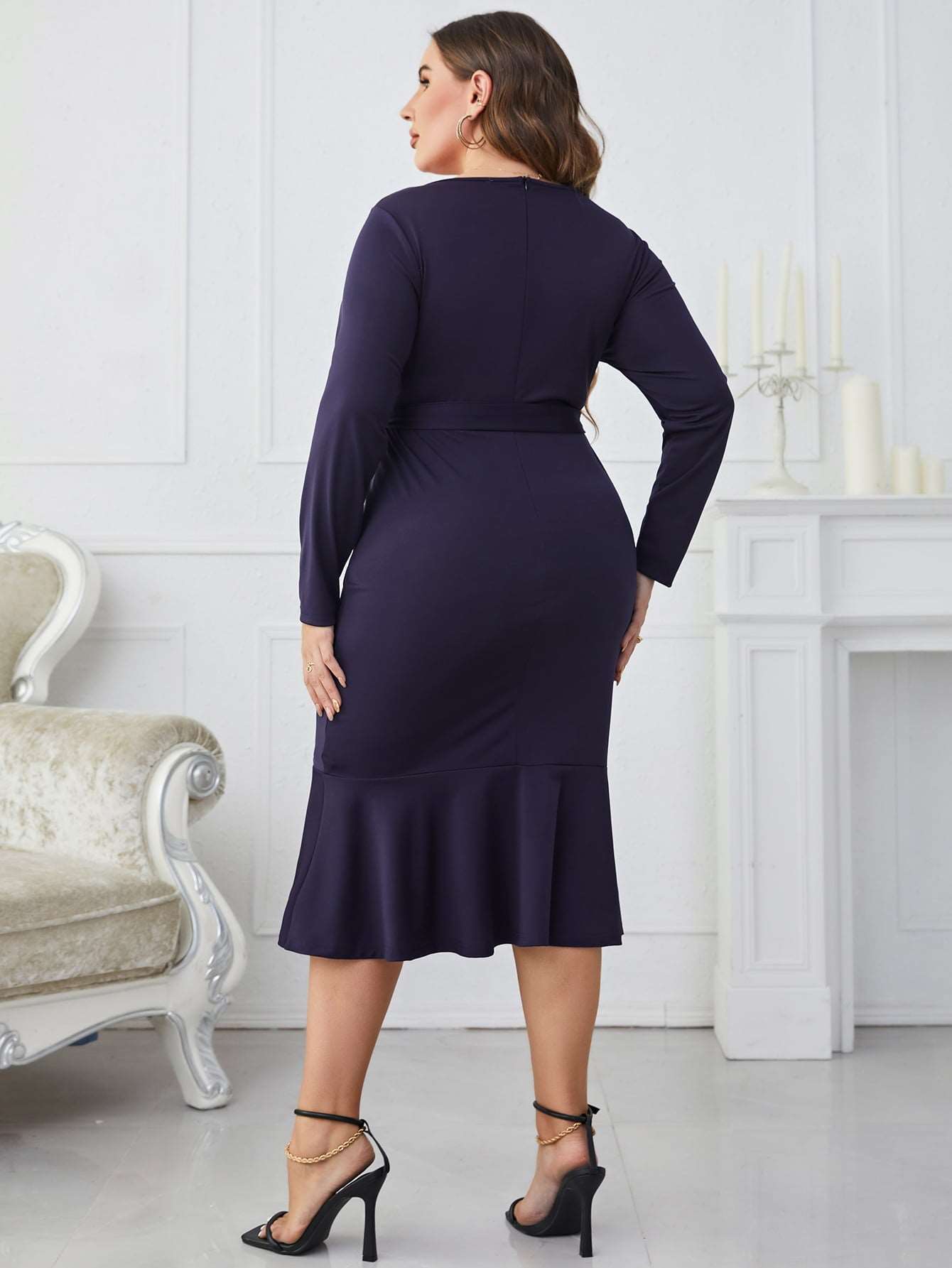 Melo Apparel Plus Size Long sleeves Buttoned Round Neck Tie Belt Midi Dress