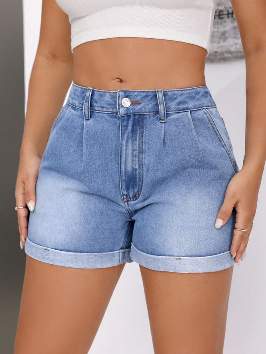 Women's Mid-Rise Rolled Hem Denim Shorts with Pockets